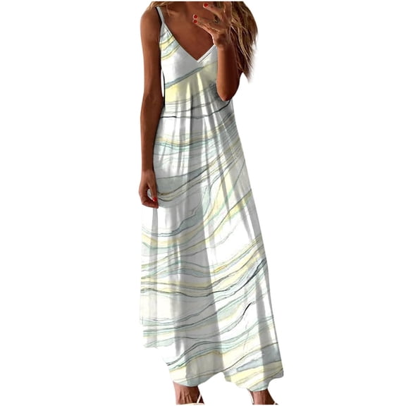 WREESH Womens Summer Maxi Dress Printed Spaghetti Strap Long Dress Sleeveless Deep V-Neck Dress Beach Dress White