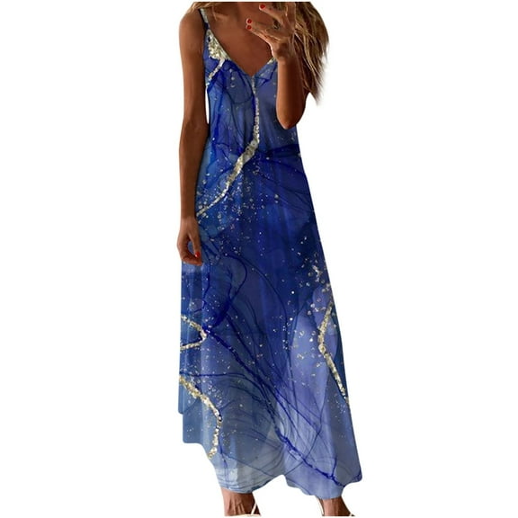 WREESH Womens Summer Maxi Dress Printed Spaghetti Strap Long Dress Sleeveless Deep V-Neck Dress Hem Flowy Boho Dresses White
