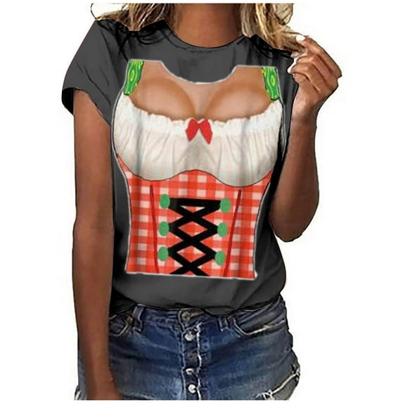 WREESH Womens Summer Oktoberfest Printed T-Shirts Dirndl Dress Graphic Tees Short Sleeve Crew Neck Pullover Slim Fit Soft Workout Shirts Gray D