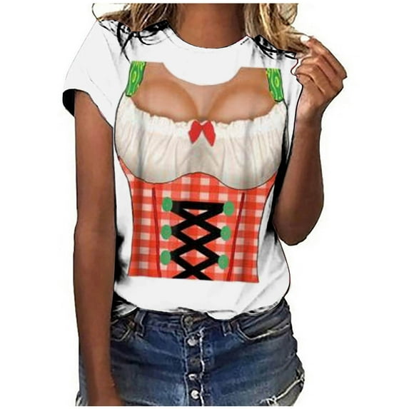 WREESH Womens Summer Oktoberfest Printed T-Shirts Dirndl Dress Graphic Tees Short Sleeve Crew Neck Pullover Slim Fit Soft Workout Shirts White D