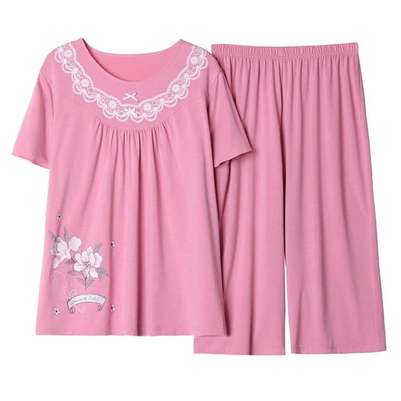 WREESH Womens Summer Pajama Sets Short Sleeve Round Neck Pajama Set Printed Tops Pants Two Piece Set Dark Blue