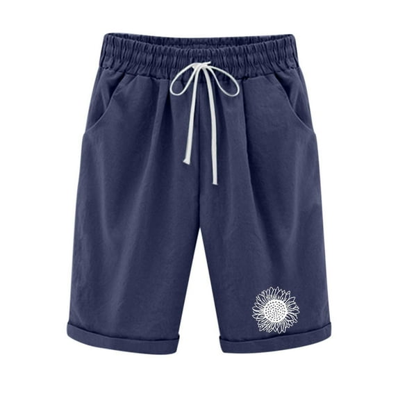 WREESH Womens Summer Shorts Print Cotton Linen Shorts Casual Shorts Navy