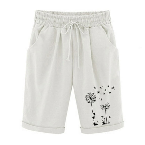 WREESH Womens Summer Shorts Printed Five Points Plus Size Cotton Linen Shorts Casual Shorts White