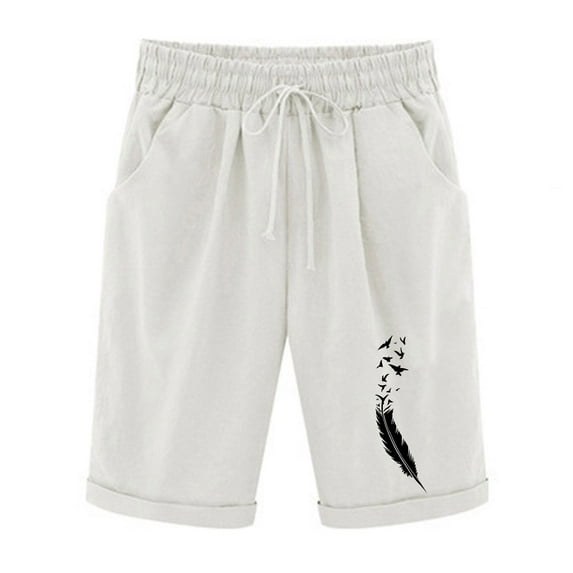 WREESH Womens Summer Shorts Printed Five Points Plus Size Cotton Linen Shorts Casual Shorts White