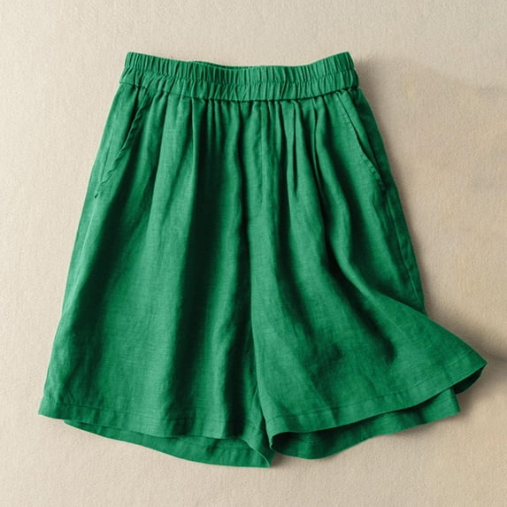 WREESH Womens Summer Shorts Solid Color Leisure Pocket Shorts Casual Elastic Waist Cotton and Linen Shorts Green