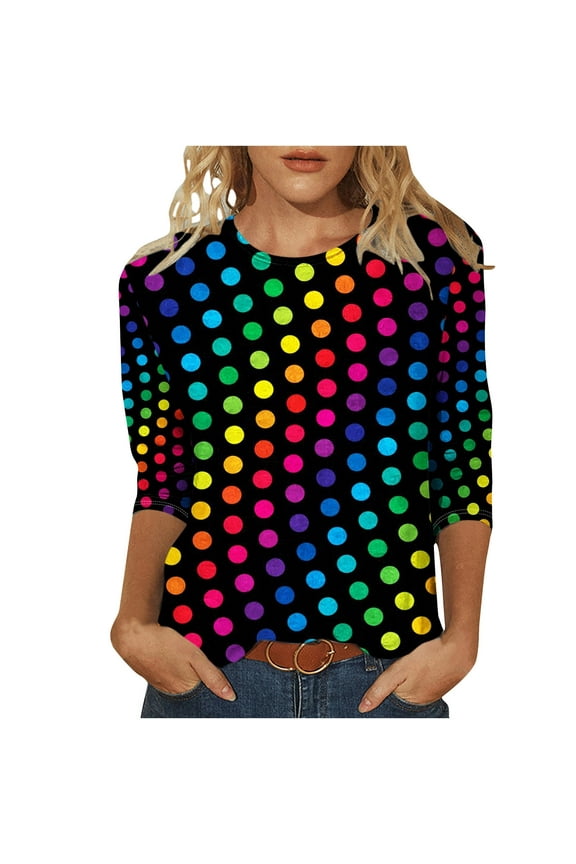 Womens Summer T-Shirts Fashion Colorful Polka Dots Printed Shirt Mid-Length 3/4 Sleeves Blouse Round Neck Casual Tops Multicolor
