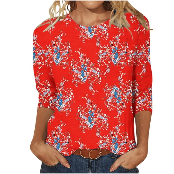 WREESH Womens Summer T-Shirts Fashion Three Quarter Sleeve Retro Round Neck Printed Loose Tops Blouse Red