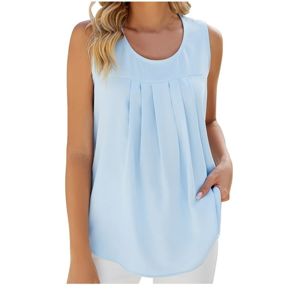 WREESH Womens Summer Tank Tops Pleated Sleeveless Tunic Tops Loose Fit Casual Solid Color Blouse Sky Blue