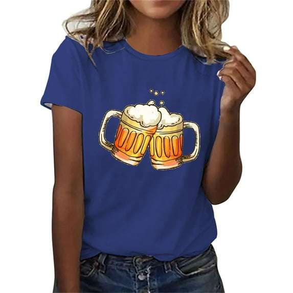 WREESH Womens Summer Vintage Beer T-Shirts Casual Crewneck Graphic Tees Short Sleeve Slim Fit Pullover Oktoberfest Shirts Blue A