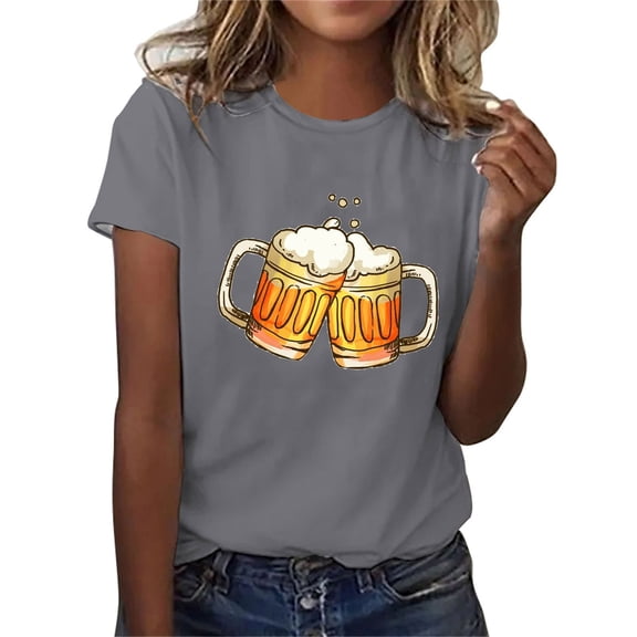 WREESH Womens Summer Vintage Beer T-Shirts Casual Crewneck Graphic Tees Short Sleeve Slim Fit Pullover Oktoberfest Shirts Gray A