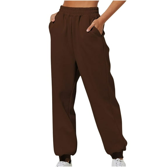 WREESH Womens Sweatpants Casual Trousers High Waist with Pockets Long Pants Brown