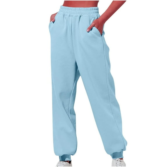 WREESH Womens Sweatpants Casual Trousers High Waist with Pockets Long Pants Light Blue