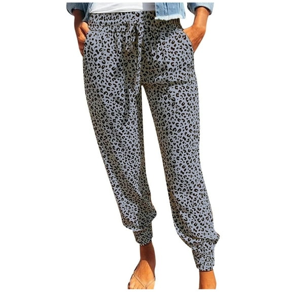 WREESH Womens Sweatpants Casual Trousers Summer Leopard Print Pants Bottoms Athletic Pants Gray