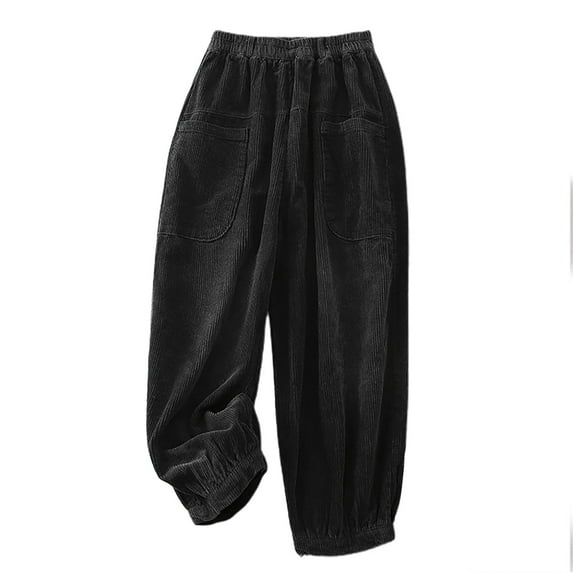 WREESH Womens Sweatpants Corduroy Pants Fashion Comfortable Solid Color Pocket Casual Straight Pants Black