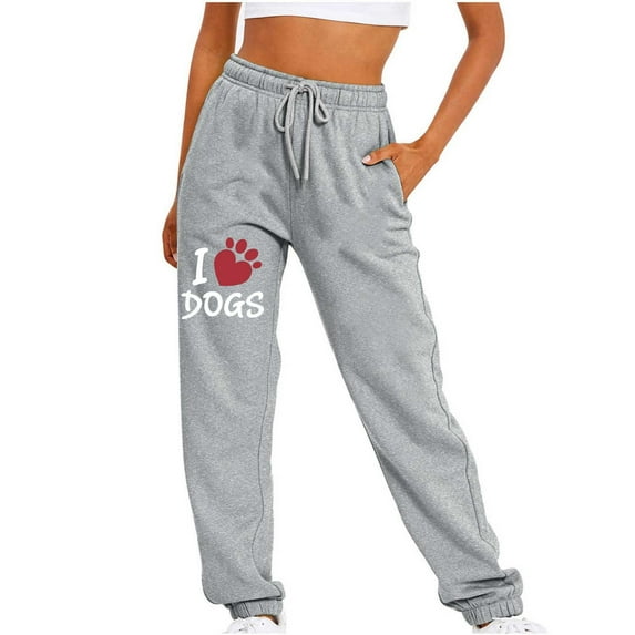 WREESH Womens Sweatpants Fashion Dogs Printed Fitness Sport Relaxed Loose Printing Elastic Waist Long Sweatpants Gray