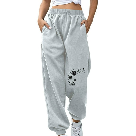 WREESH Womens Sweatpants Fashion Fall Winter Fitness Sport Relaxed Loose Printing Elastic Waist Long Sweatpants Gray