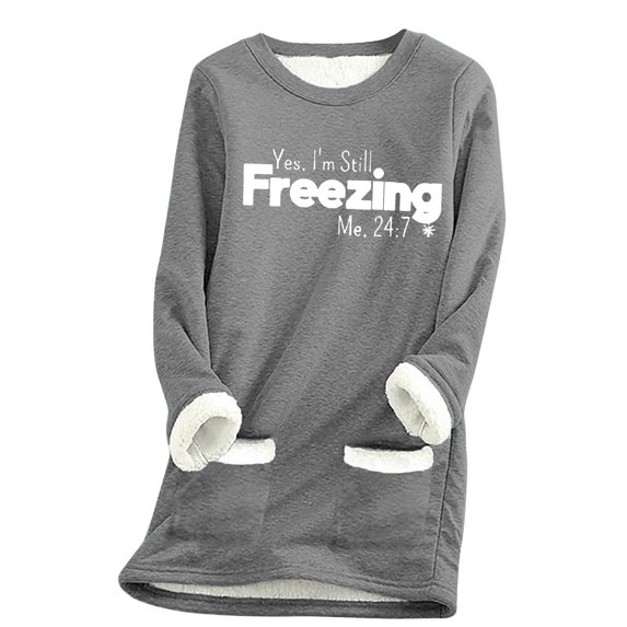 WREESH Womens Sweatshirts Large Loose Print Top Thickened and Velvet Lamb Wool Warm Underlay Dark Gray