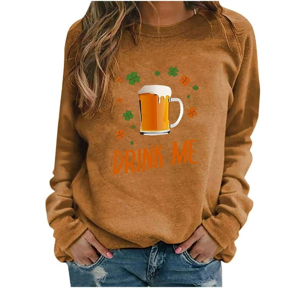 WREESH Womens Sweatshirts Trendy Oktoberfest T-Shirts Beer Letter Print Pullover Fall Long Sleeve Crewneck Tee Tops Casual Workout Blouse Khaki
