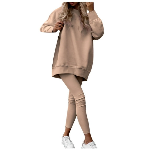 WREESH Womens Sweatsuits Winter Thickened Plush Pants Sweatshirt Long Pants Suit Long Sleeved Hooded Suit Khaki