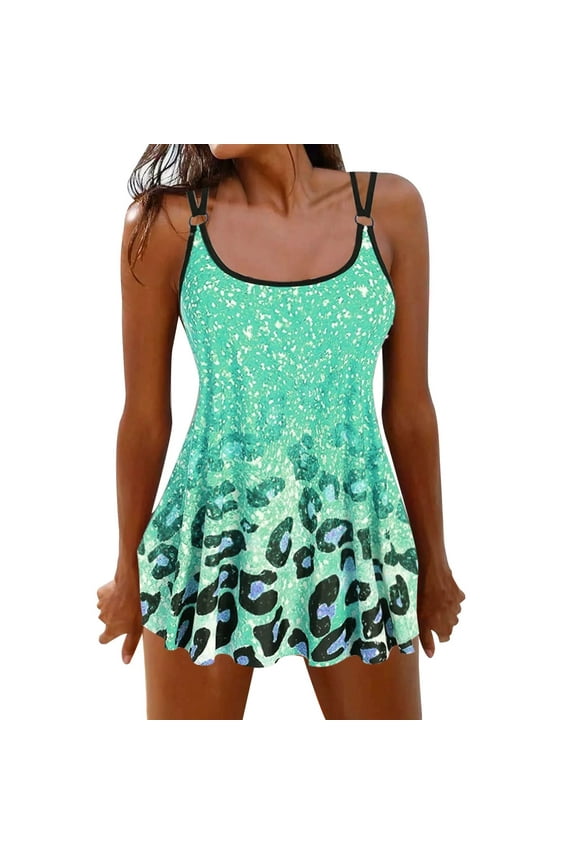 Womens Swim Dress Tankini Set Split Bikini Two-Piece Print Beach Swimsuit Beachwear Bathing Suits Green