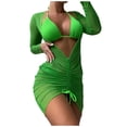 thumbnail image 1 of WREESH Womens Swimsuit Coverup Drawstring Deep V Neck Long Sleeve Beach Cover Up Dress Solid Bikini Strap Bikini Deep V Split Swimsuit Set Three-Piece Bathing Suit Green, 1 of 9