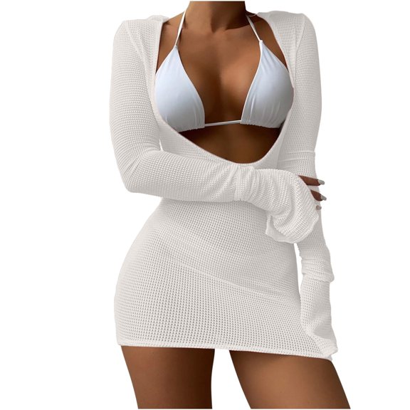 WREESH Womens Swimsuit Coverup Long Sleeve Plunge Neck Swimsuit Cover Up Three-Piece Suit Bandage Solid Bikini Push-Up Padded Swimsuit Beachwear Set Bathing Suit White
