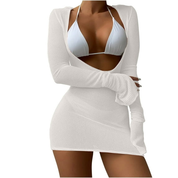 WREESH Womens Swimsuit Coverup Long Sleeve Plunge Neck Swimsuit Cover Up Three-Piece Suit Bandage Solid Bikini Push-Up Padded Swimsuit Beachwear Set Bathing Suit White