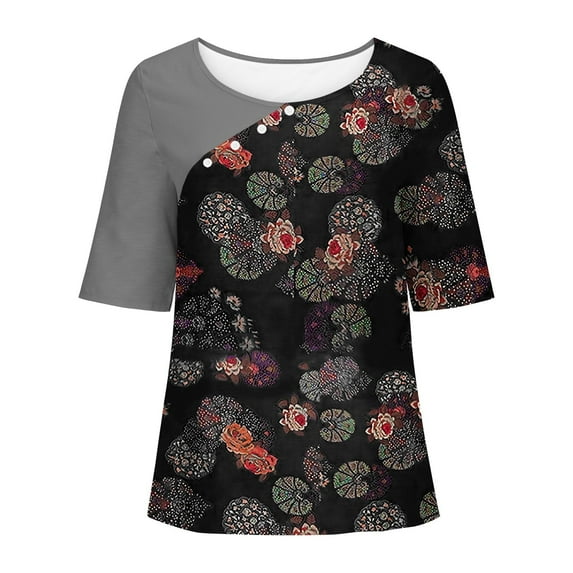 WREESH Womens T-Shirts Casual Floral Print Pullover Round Neck Short Sleeved Top Black