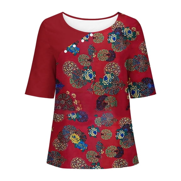 WREESH Womens T-Shirts Casual Floral Print Pullover Round Neck Short Sleeved Top Red