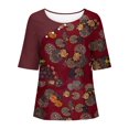 thumbnail image 1 of WREESH Womens T-Shirts Casual Floral Print Pullover Round Neck Short Sleeved Top Wine, 1 of 6