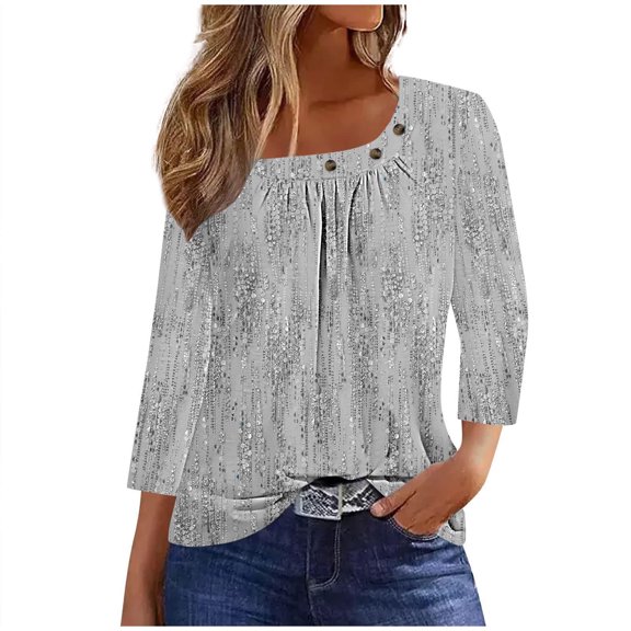 WREESH Womens T-Shirts Fashion 3/4 Sleeved Blouse Printed T-Shirt Casual Top Gray