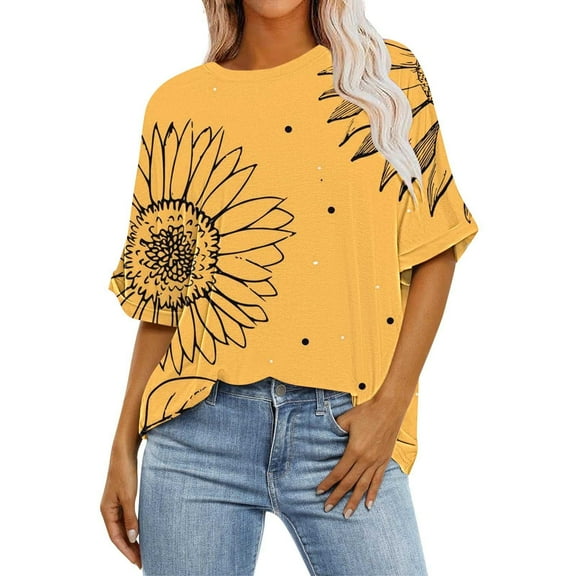 WREESH Womens T-Shirts Ladies Fashion Casual Cropped Short Sleeve Printing Loose Shirt Blouse Top Yellow