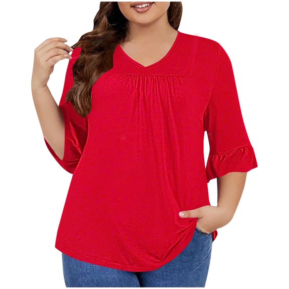 WREESH Womens T-Shirts Plus Size Top 3/4 Ruffled Sleeve Shirt Casual V-Neck Pleated T-Shirt Loose Fitting Cotton Shirt Red