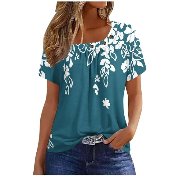 WREESH Womens T-Shirts Short Sleeved Pleated T-Shirt Top Army Green