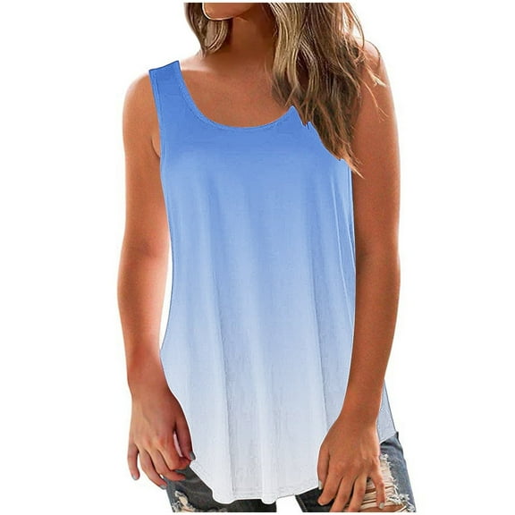 WREESH Womens Tank Tops Fashion Solid Round-Neck Loose Sleeveless T-Shirt Pullover Tops Light Blue