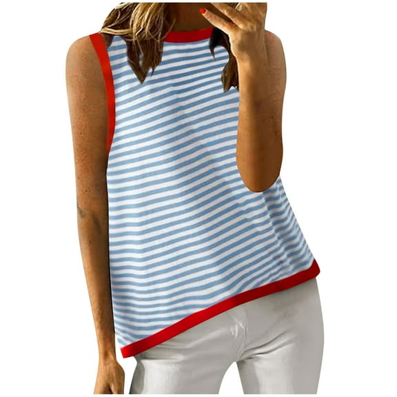 WREESH Womens Tank Tops Summer Casual Shirts Striped Color Block Tank Top Loose Blouses Light Blue