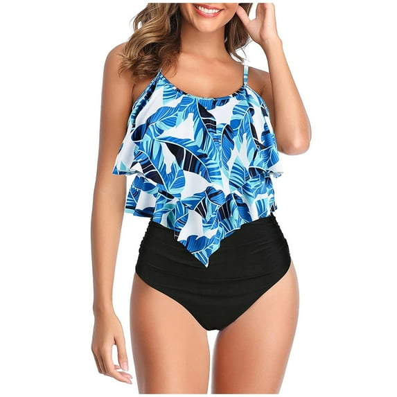 WREESH Womens Tankini High Waisted Swimsuit High Waisted Swimsuit Two Piece Ruffled Flounce Top with Ruched Bottom Swimwear Beach Bathing Suit Blue