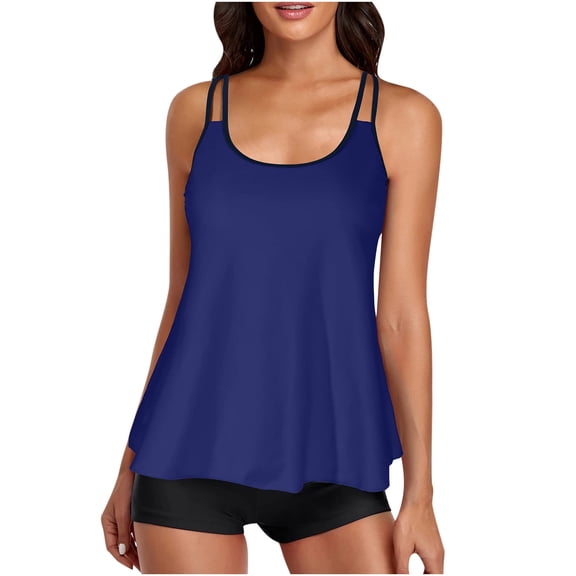 WREESH Womens Tankini Swimsuit Swimsuit Solid Tank Top Two Piece Bathing Suit with Shorts Swimwear Beach Bathing Suit Blue