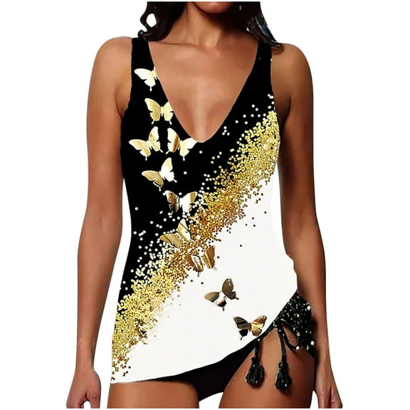 WREESH Womens Tankini Swimsuit Two Piece Set Swimsuits Print Swimwear Beachwear Beach Bathing Suit Gold