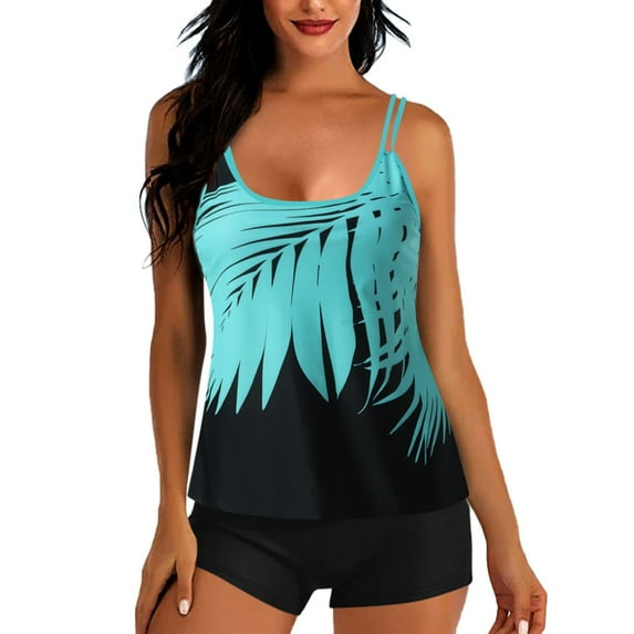 WREESH Womens Tankini Swimsuits for Two Piece Bathing Suits Floral Print Tank Tops with Boyshorts Swimming Suits Blue