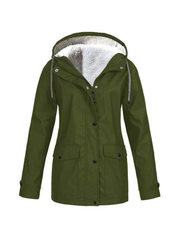 Womens Technical Jacket Fleece Lined Waterproof Sunscreen Jackets Winter Warm Hooded Coats Outdoor Hiking Jacket Travel Sportswear Olive Green