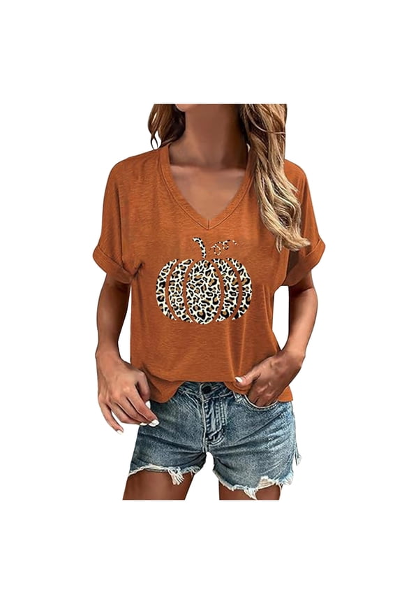 Womens Thanksgiving Leopard Pumpkin Graphic Tees Short Sleeve V Neck T Shirts Fall Tops 2025 Orange