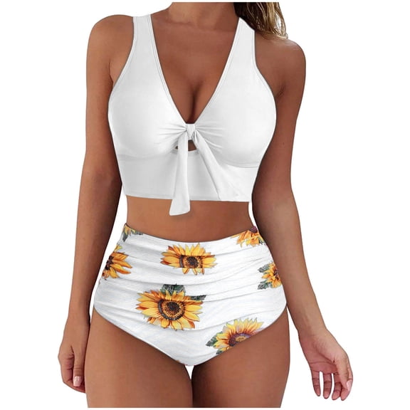 WREESH Womens Tie Front Bikini Set High Waisted Bikini Fashion Bikini Set Swimsuit Two Piece Filled Swimwear Has A Chest Pad No Steel Support Beachwear Bathing Suit White
