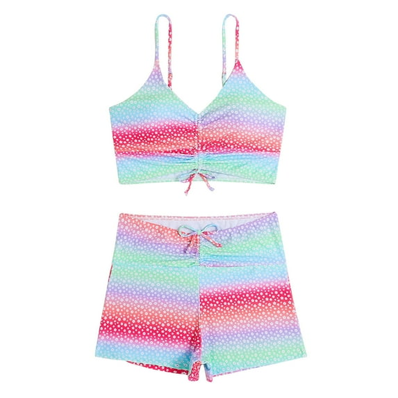 WREESH Womens Tie Front Bikini Set Short Sleeve Two Piece Swimsuit High Waisted Bathing Suits with Shorts Fashion Casual Conservative Flat Angle Pleat Swimsuit Printing Bikini Multicolor
