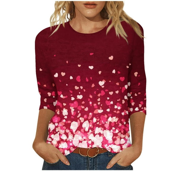 WREESH Womens Tops 3/4 Sleeve Valentine's Heart Graphic Shirts Blouses 2025 Spring Summer Fashion T-Shirts Pink