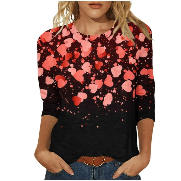 WREESH Womens Tops 3/4 Sleeve Valentine's Heart Graphic Shirts Blouses 2025 Spring Summer Fashion T-Shirts Pink
