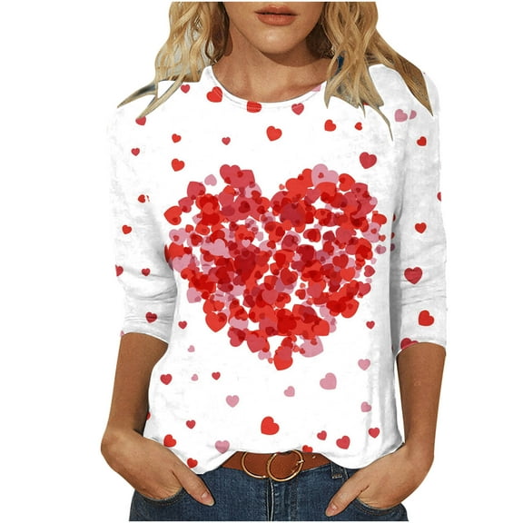 WREESH Womens Tops Dressy Casual 3/4 Sleeve T-Shirts Valentine's Printed Blouses 2025 Spring Summer Fashion Crew Neck Pullover Pink