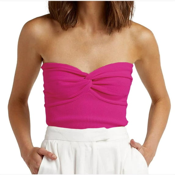 WREESH Womens Tube Top Fashion Strapless Strapless Bra Solid Color Threaded Knitted Top Hot Pink