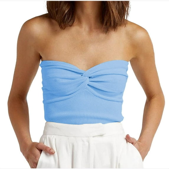 WREESH Womens Tube Top Fashion Strapless Strapless Bra Solid Color Threaded Knitted Top Light Blue
