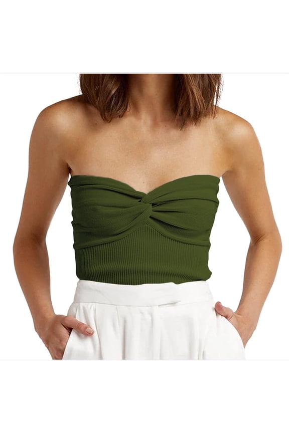 Womens Tube Top Fashion Strapless Strapless Bra Solid Color Threaded Knitted Top Army Green